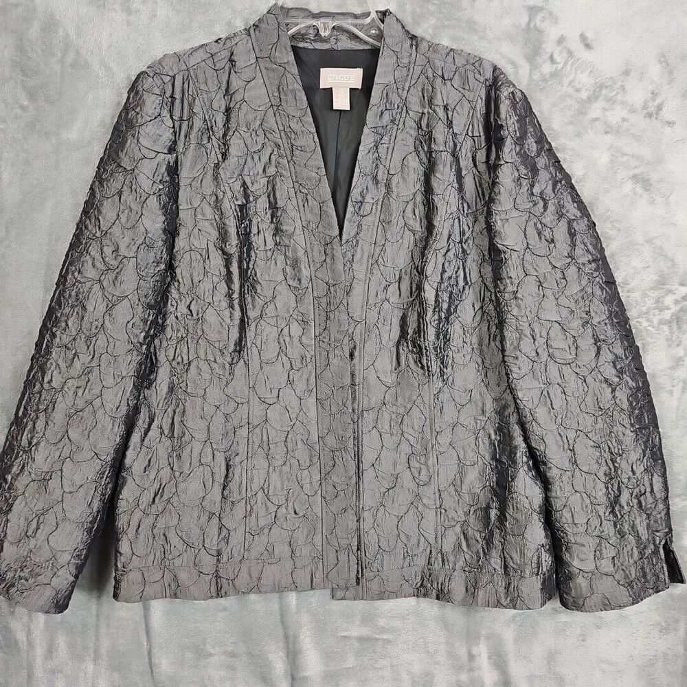 Chico's Women's Sz XL Gray Open Front Jacket  Crinkle lined poly rayon blend